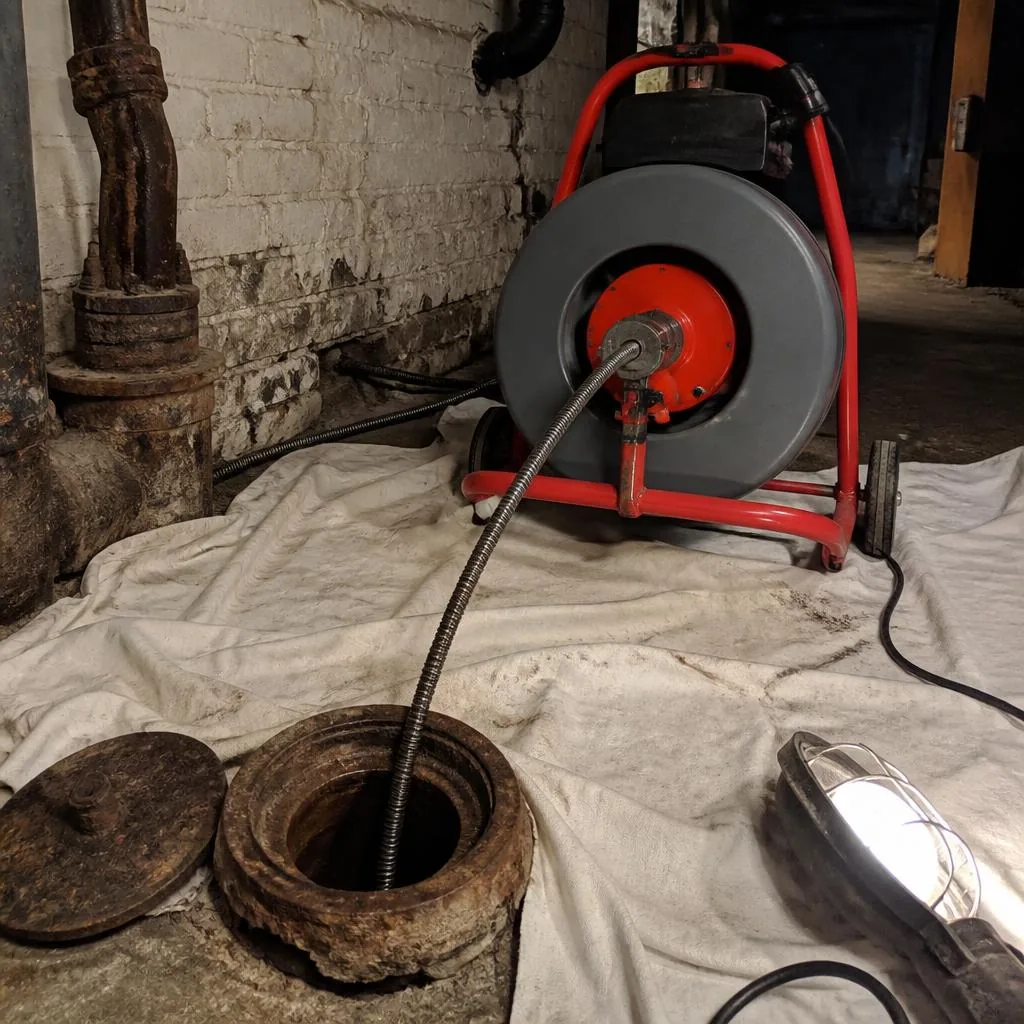 Powered drum auger cabling a cast iron floor cleanout in a basement